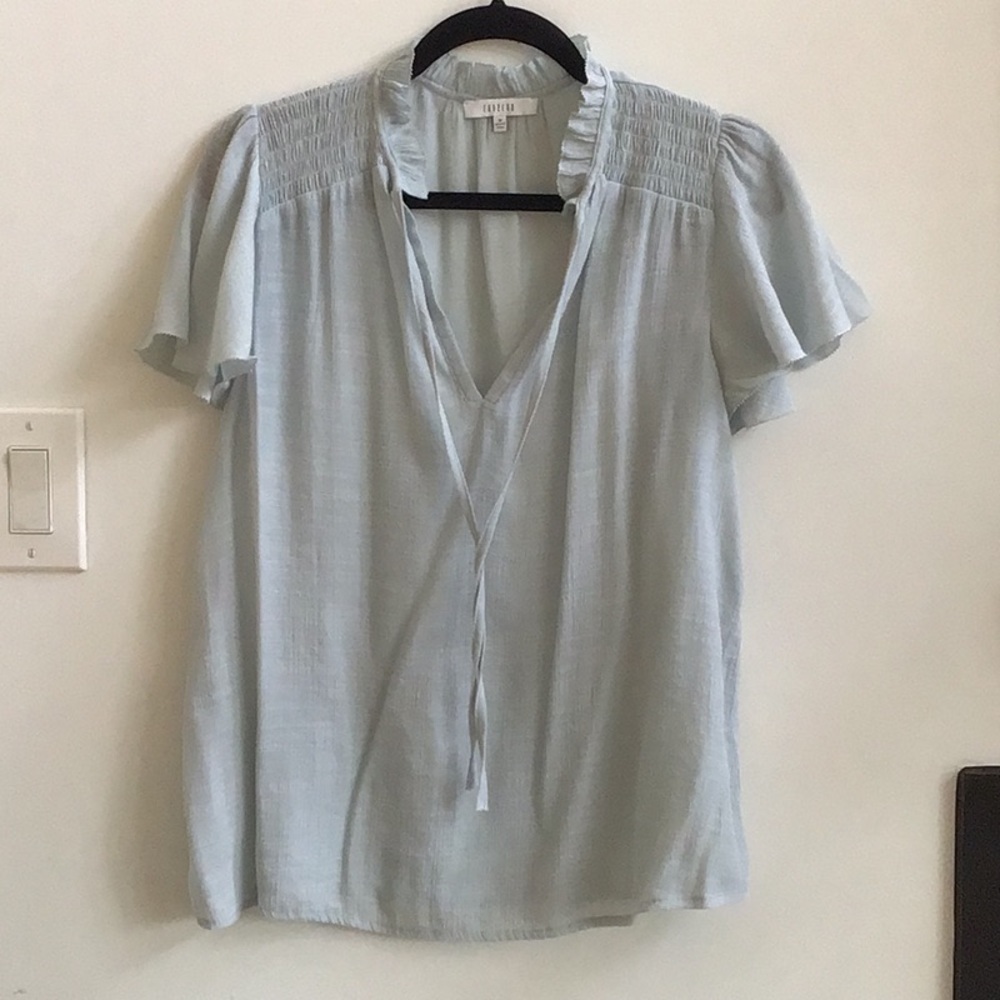 Light Blue Ruffle Sleeve Pullover Top, V Neck